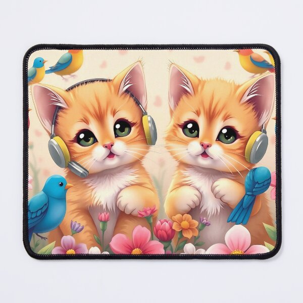 Item preview, Musical Spring Garden: Cute Kittens with Headphones and Singing Birds designed and sold by Serene Strokes Art.