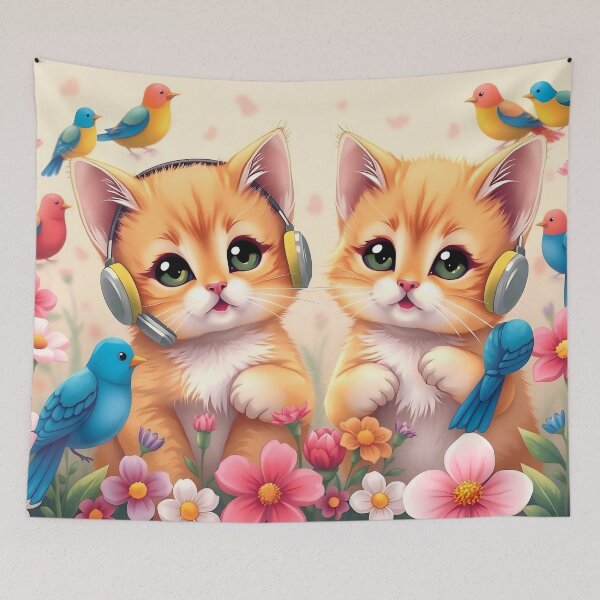 Item preview, Musical Spring Garden: Cute Kittens with Headphones and Singing Birds designed and sold by Serene Strokes Art.