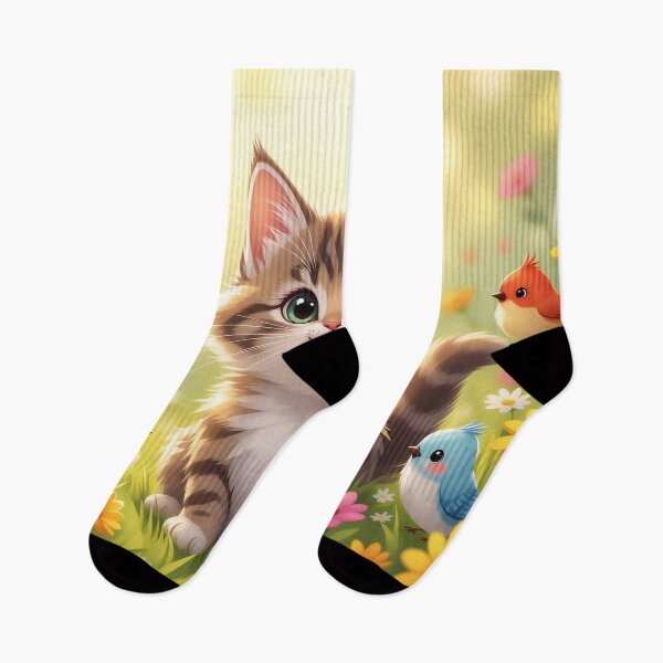 Item preview, Sweet Tabby Kitten with Little Songbirds in a Sunny Garden designed and sold by Serene Strokes Art.