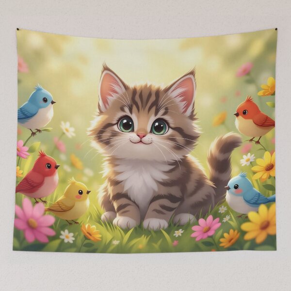 Item preview, Sweet Tabby Kitten with Little Songbirds in a Sunny Garden designed and sold by Serene Strokes Art.