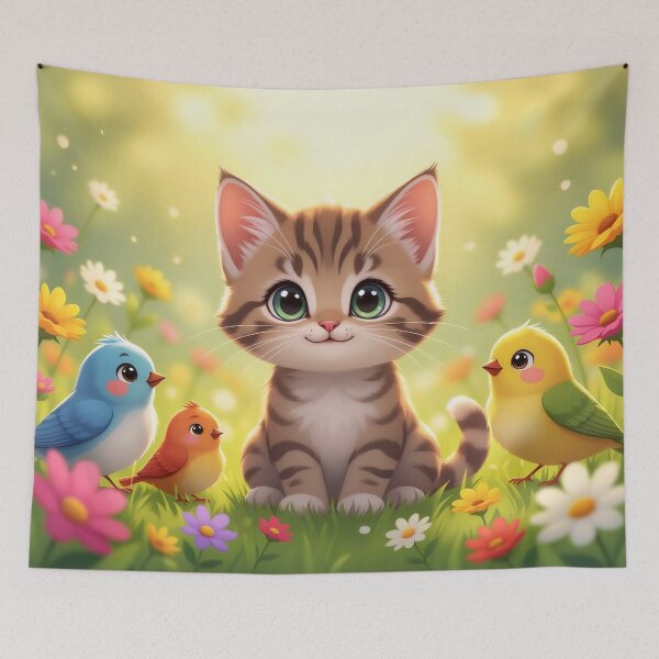 Item preview, Spring Harmony: Cute Tabby Kitten and Colorful Songbirds designed and sold by Serene Strokes Art.