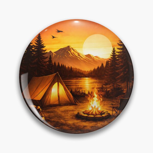 Item preview, Mountain Camping Sunset Scene – Cozy Campfire Tent Lake Landscape, Wilderness Adventure Nature Art, Golden Hour Forest Design designed and sold by Digital Culture Studio.