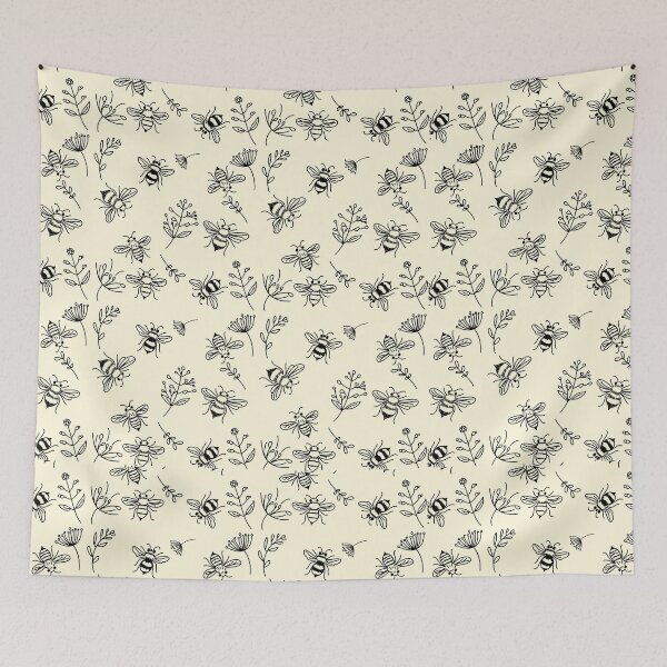 Item preview, Minimalist Bee Pattern, Neutral Floral Design, Boho Cottagecore Aesthetic, Farmhouse Nature Print, Black Line Art Bees designed and sold by Pharmkitty.