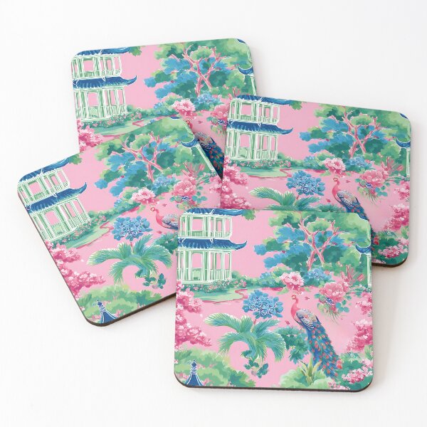 Item preview, Preppy chinoiserie garden with pagoda, peonies, peacock in pink, green and blue designed and sold by SophieClimaArt.