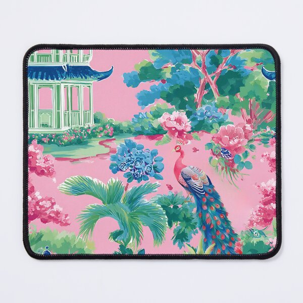 Item preview, Preppy chinoiserie garden with pagoda, peonies, peacock in pink, green and blue designed and sold by SophieClimaArt.