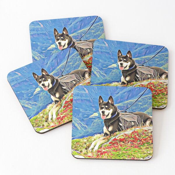 Item preview, Adventurous Husky hiking in the stunning mountain peaks designed and sold by ZoroDesign.