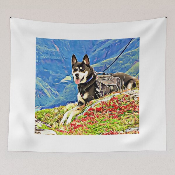 Item preview, Adventurous Husky hiking in the stunning mountain peaks designed and sold by ZoroDesign.
