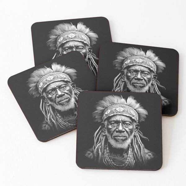 Item preview, Monochrome Elder Portrait with Feathered Headdress | Dramatic Tribal-Inspired Character Art designed and sold by inkoutninja.