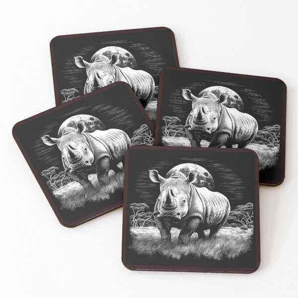 Item preview, Moonlit Rhino in Savannah | Black and White Wildlife Illustration designed and sold by inkoutninja.