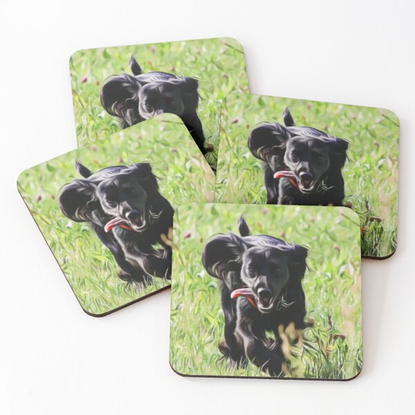 Item preview, An energetic black dog running through a clover field. designed and sold by ZoroDesign.