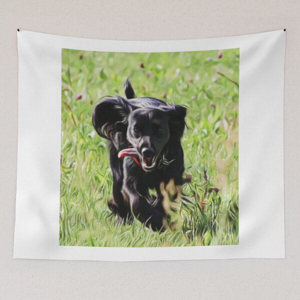 Item preview, An energetic black dog running through a clover field. designed and sold by ZoroDesign.