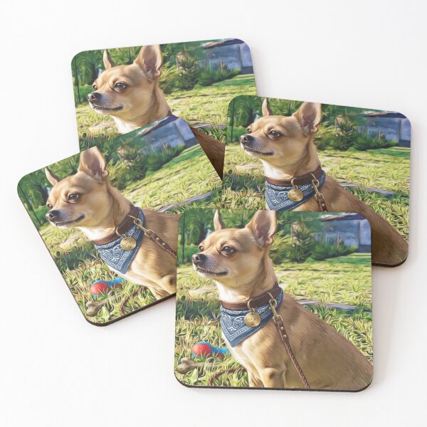 Item preview, A stylish tan Chihuahua wearing a blue bandana and leash. designed and sold by ZoroDesign.