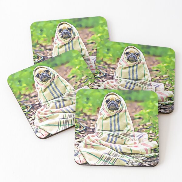 Item preview, A grumpy pug bundled in a patterned blanket outdoors. designed and sold by ZoroDesign.