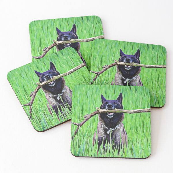 Item preview, A happy Belgian Malinois carrying a branch in a lush field. designed and sold by ZoroDesign.