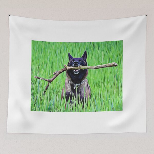 Item preview, A happy Belgian Malinois carrying a branch in a lush field. designed and sold by ZoroDesign.