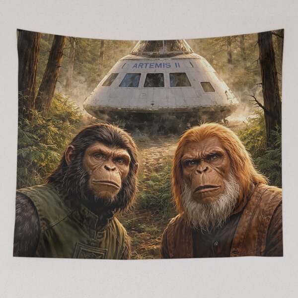 Item preview, Planet of the Apes Artemis II – Sci-Fi Forest Encounter Retro Space Parody Art designed and sold by DiamondSkyShirt.
