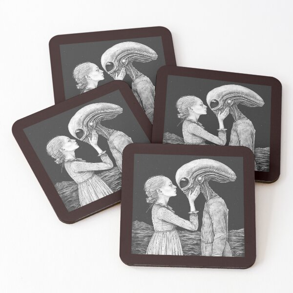 Item preview, Monochrome Human and Biomechanical Creature Portrait | Surreal Sci-Fi Illustration designed and sold by inkoutninja.