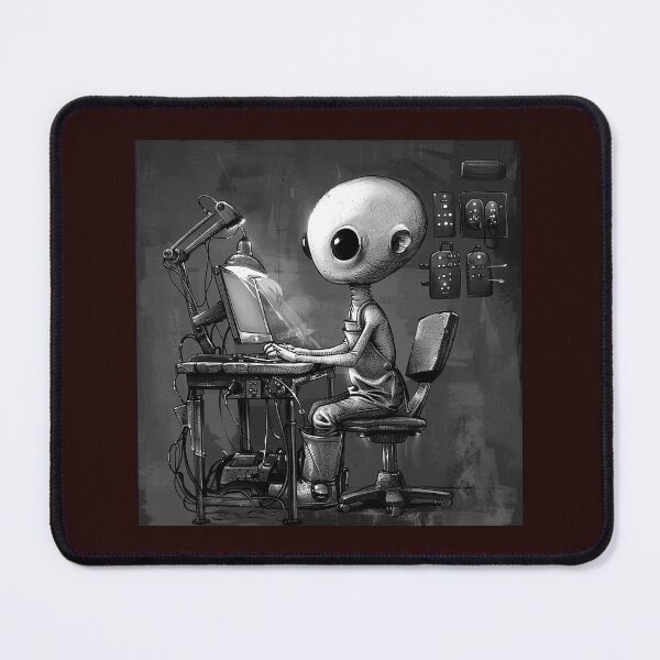 Item preview, Monochrome Alien at Workstation | Surreal Sci-Fi Character Illustration designed and sold by inkoutninja.
