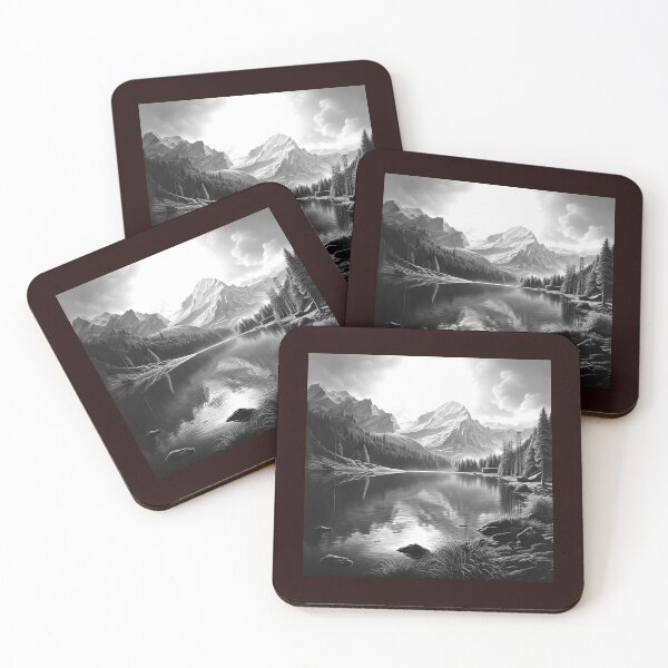 Item preview, Monochrome Mountain Lake Landscape | Serene Alpine Nature Illustration designed and sold by inkoutninja.