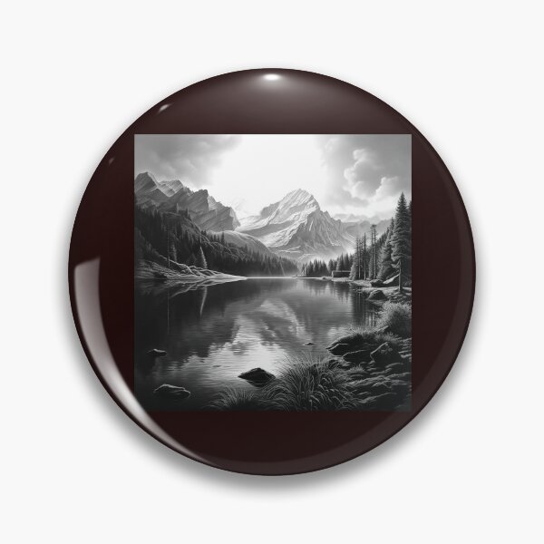 Item preview, Monochrome Mountain Lake Landscape | Serene Alpine Nature Illustration designed and sold by inkoutninja.