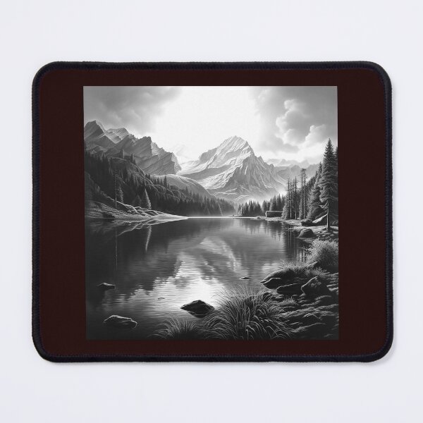 Item preview, Monochrome Mountain Lake Landscape | Serene Alpine Nature Illustration designed and sold by inkoutninja.