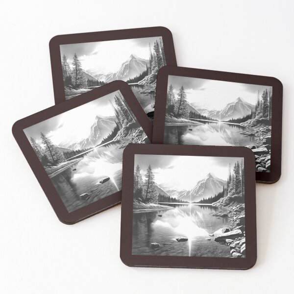 Item preview, Monochrome Alpine Reflection Landscape | Black and White Mountain Lake Illustration designed and sold by inkoutninja.
