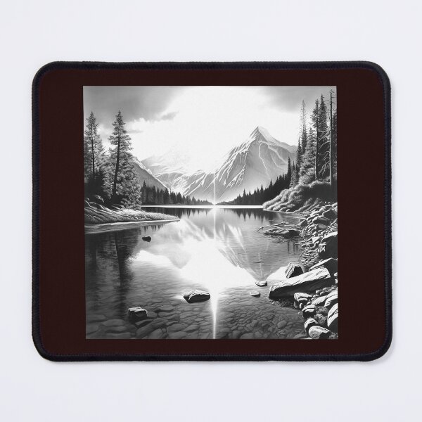 Item preview, Monochrome Alpine Reflection Landscape | Black and White Mountain Lake Illustration designed and sold by inkoutninja.
