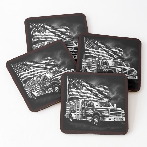 Item preview, Monochrome Fire Truck with American Flag | Patriotic First Responder Illustration designed and sold by inkoutninja.