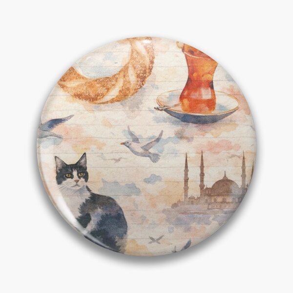 Item preview, istanbul Watercolor Pattern with Cat, Turkish Tea & Simit – Soft Vintage Aesthetic designed and sold by Pacika.