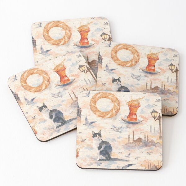 Item preview, istanbul Watercolor Pattern with Cat, Turkish Tea & Simit – Soft Vintage Aesthetic designed and sold by Pacika.