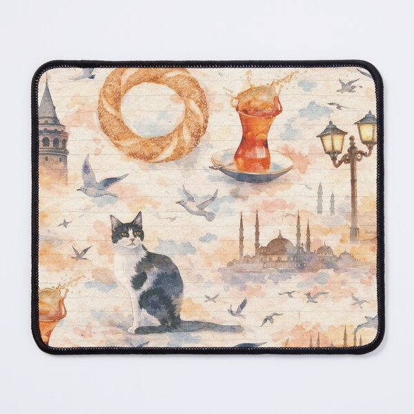 Item preview, istanbul Watercolor Pattern with Cat, Turkish Tea & Simit – Soft Vintage Aesthetic designed and sold by Pacika.