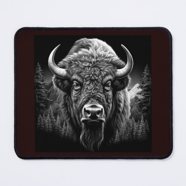 Item preview, Monochrome Bison Portrait | Black and White Mountain Wildlife Illustration designed and sold by inkoutninja.