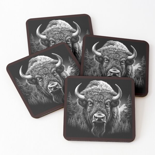 Item preview, Monochrome Bison Portrait | Black and White Mountain Wildlife Illustration designed and sold by inkoutninja.