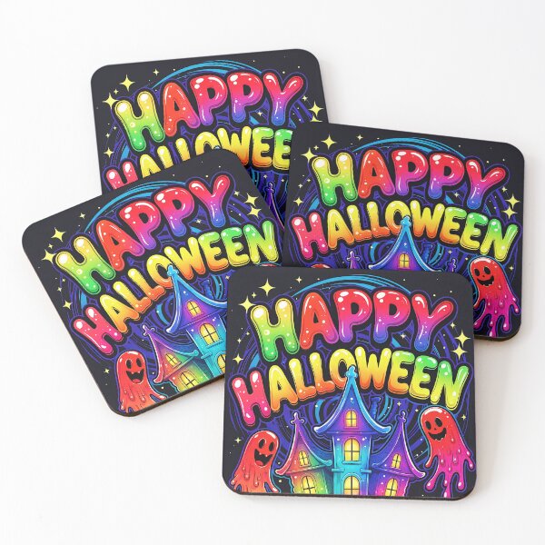 Item preview, Happy Halloween Neon Slime - Psychedelic Haunted House with Ghost & Pumpkin Art designed and sold by David Brookes Digital.