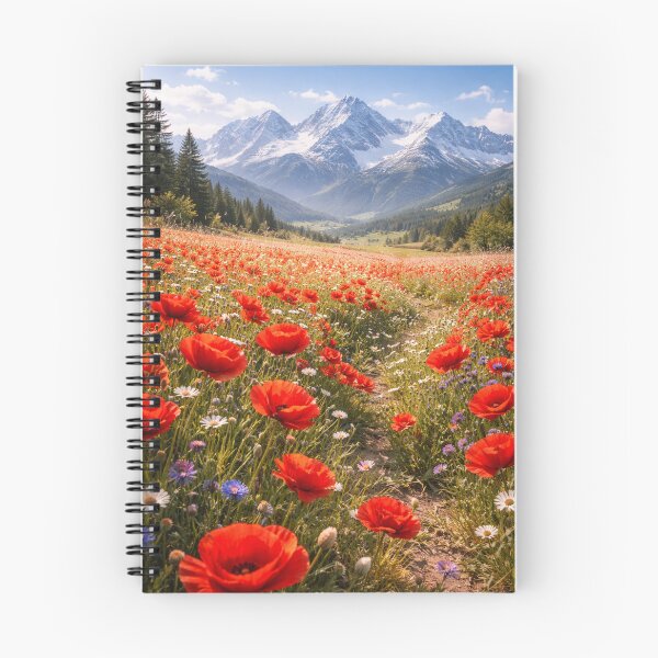 Item preview, Dreamy Red Poppy Field Wildflowers Snow Mountains designed and sold by NotTodayMerch.