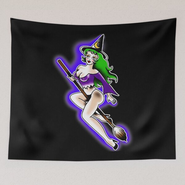 Item preview, Cute Witch Girl Riding Broom Retro Pinup Style designed and sold by Modaozushi216.