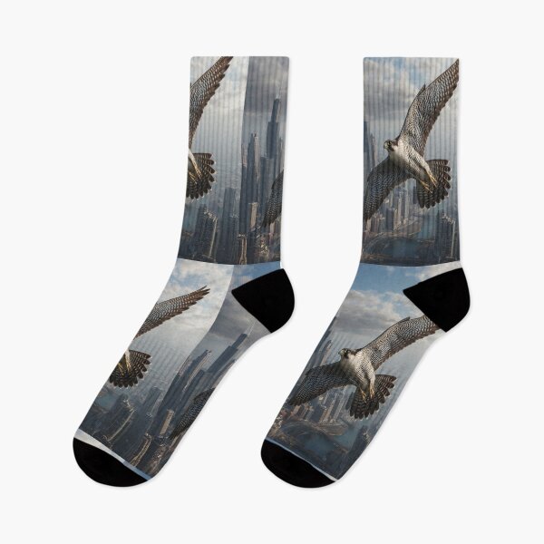 Item preview, A Peregrine Falcon mid-dive over a city skyline, Birds in Motion designed and sold by CDC40.