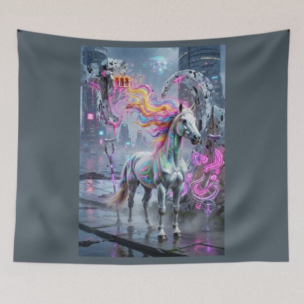 Item preview, Cyberpunk Neon Horse - Futuristic White Stallion in Rainy Neon City Art designed and sold by David Brookes Digital.