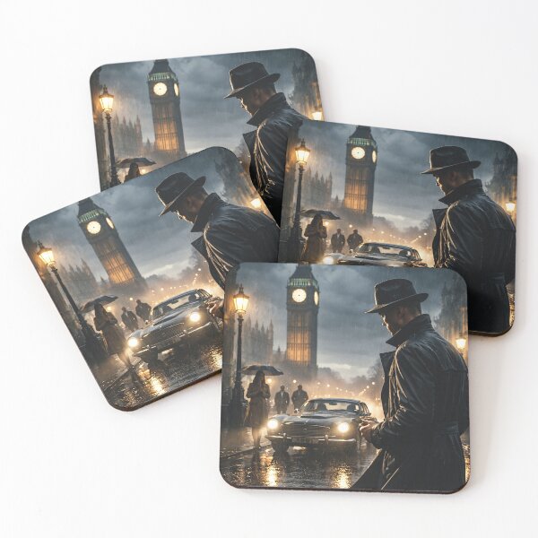 Item preview, Noir Spy in London Rain - Mysterious Man with Big Ben & Vintage Car designed and sold by David Brookes Digital.