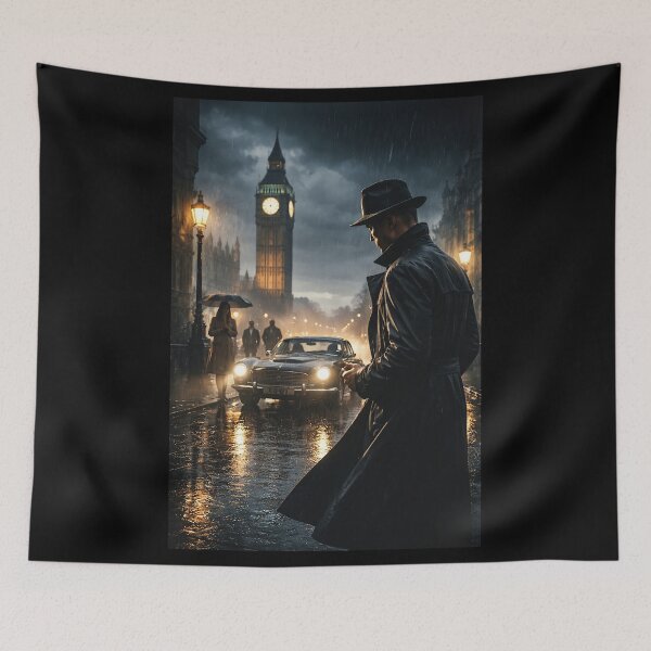 Item preview, Noir Spy in London Rain - Mysterious Man with Big Ben & Vintage Car designed and sold by David Brookes Digital.