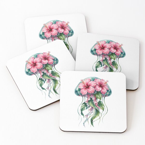 Item preview, Pink Hibiscus Floral Jellyfish Watercolor Art designed and sold by JessArty ⭐⭐⭐⭐⭐.