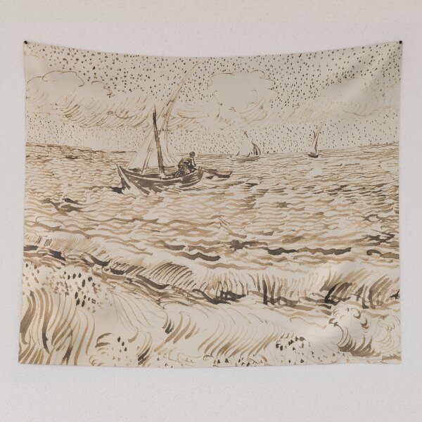 Aperçu de l'œuvre Bateaux de pêche aux Saintes Maries De La Mer par Vincent van Gogh : dessin au trait sépia créée et vendue par artofuniverse.