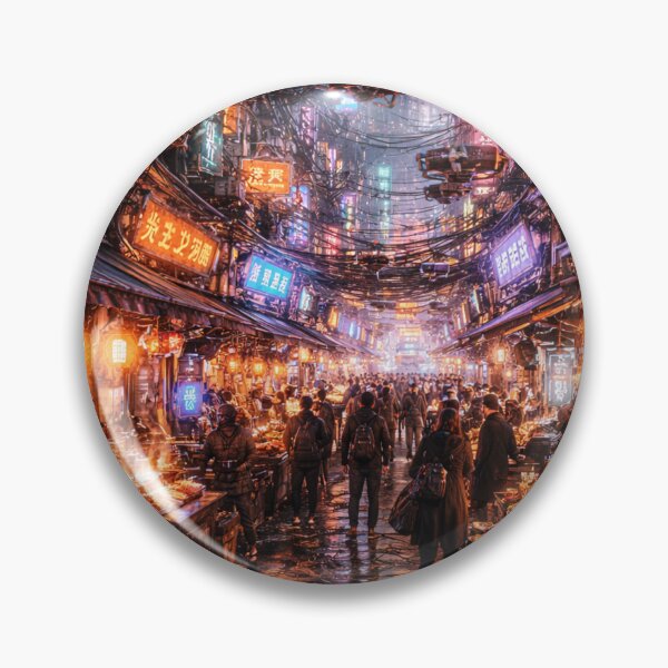 Aperçu de l'œuvre Marché futuriste d'une mégapole – Rue cyberpunk grouillante de néons et de vie créée et vendue par Pond21.