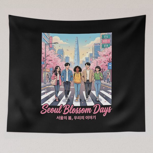 Item preview, XO Kitty Seoul Blossom Days Friends Crosswalk Cherry Blossom Spring Korean City designed and sold by graphixpolash.