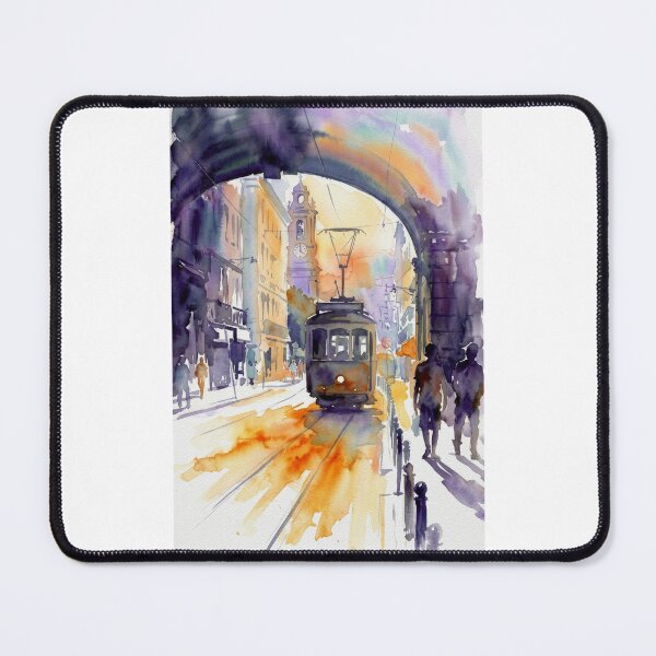 Item preview, Lisbon Tram at Dawn Watercolor Archway designed and sold by caracatita75.