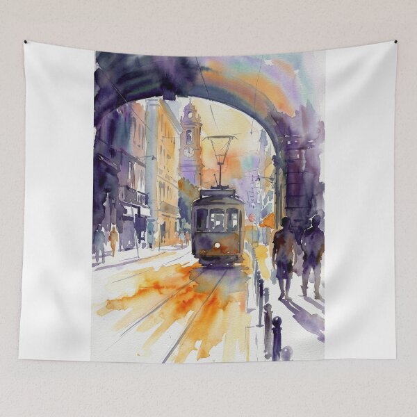 Item preview, Lisbon Tram at Dawn Watercolor Archway designed and sold by caracatita75.