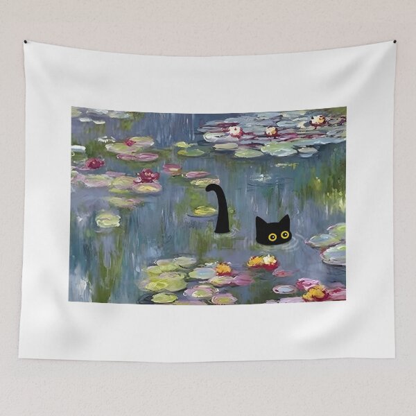 Item preview, Black Cat Swimming in Monet’s Water Lilies Pond – Whimsical Impressionist Art Print designed and sold by PurrfectHome.