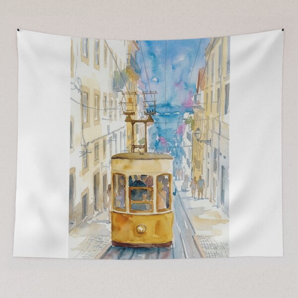 Item preview, Lisbon Tram Watercolor Vibrant Cityscape designed and sold by caracatita75.