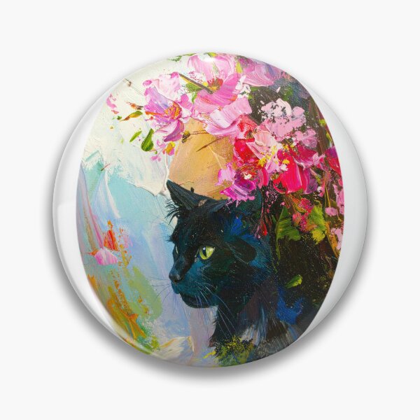 Item preview, Black Cat Impressionist Oil Painting Vibrant Pink Flowers Palette Knife Texture Impasto Fine Art Canvas Wall Decor designed and sold by icemanphotos.
