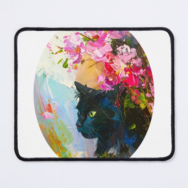 Item preview, Black Cat Impressionist Oil Painting Vibrant Pink Flowers Palette Knife Texture Impasto Fine Art Canvas Wall Decor designed and sold by icemanphotos.